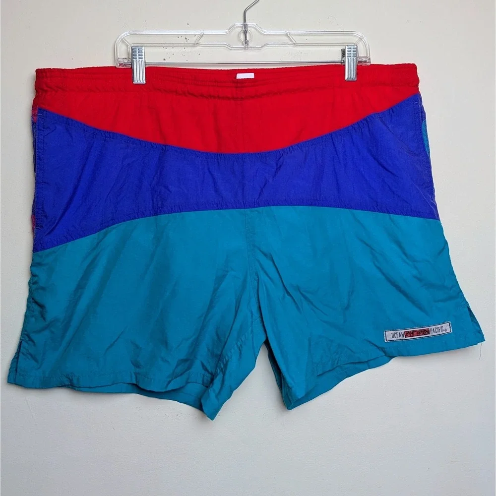 Vintage Ocean Pacific Swim Trunks Neon Bathing Suit Shorts OP 80s 90s Size XL